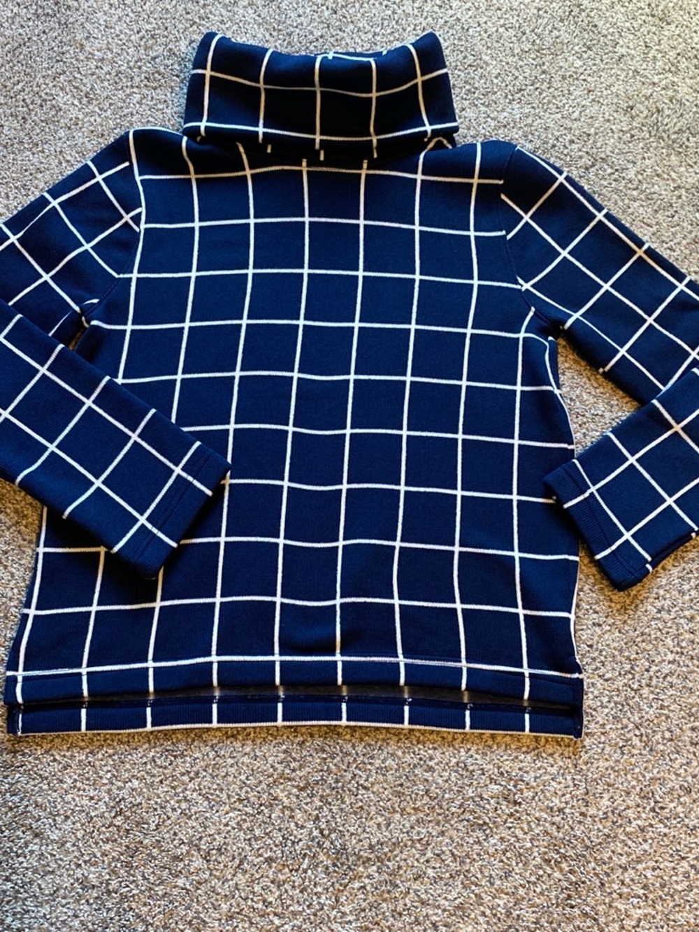 J. Crew Women’s Navy Fleece Lined Turtleneck Windowpane Sweater Size Large